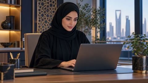 معلمة سعودية بالعباءة والحجاب تخطط لميثاق أدائها المهني على اللابتوب