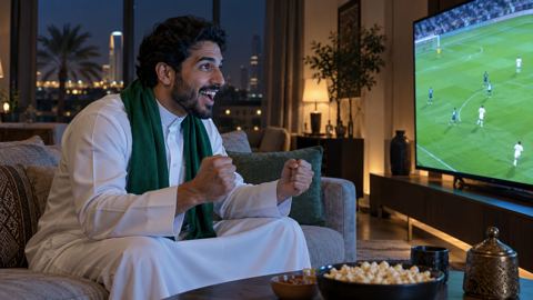 مشجع سعودي في صالة البيت يشاهد مباراة كبيرة على التلفزيون ليلاً