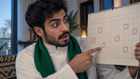 مشجع سعودي بالثوب يتفاجأ بمواعيد محددة باللون الأحمر على تقويم الجدار