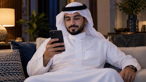 مشجع سعودي بالثوب يتابع مواعيد المباريات على جواله في صالة بيته