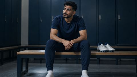 لاعب كرة قدم سعودي يرتاح على مقعد بجانب حذائه في غرفة ملابس هادئة