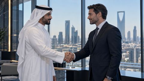 رجال أعمال سعوديون وأجانب يتصافحون بندية في مكتب حديث بالرياض