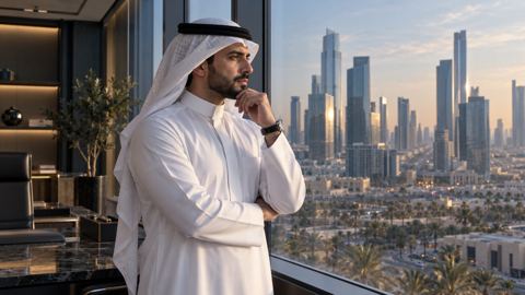 مؤسس سعودي ينظر من نافذة مكتبه ويفكر في خطط النمو