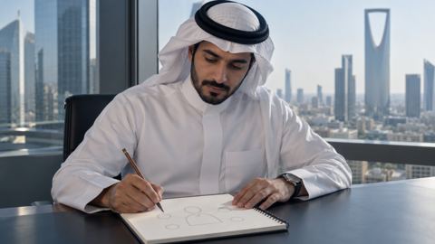 مؤسس سعودي يرسم ملف عميل بأشكال بسيطة في مفكرة