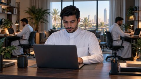 مستقل سعودي يعمل وحده من البيت وخلفه مساحة عمل لفريق صغير