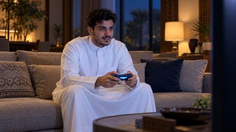 شاب سعودي في العشرينات يلعب بيد تحكم لاسلكية أمام التلفزيون