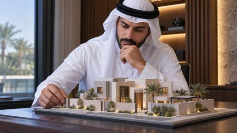 صاحب بيت سعودي يدرس مجسم عمارة سكنية على مكتبه