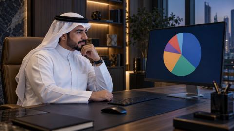 مستثمر سعودي هادئ يتأمل رسماً دائرياً لمحفظة متوازنة على شاشة الكمبيوتر