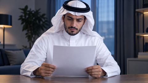 باحث عن عمل سعودي يراجع وثيقة واحدة على مكتبه في البيت