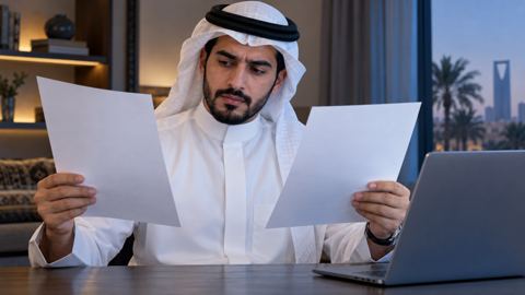 باحث عن عمل سعودي يقارن ورقتين بجانب اللابتوب