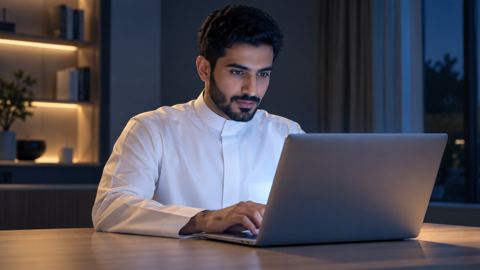 متعلم سعودي يركز على إنجاز مشروع عملي صغير على اللابتوب