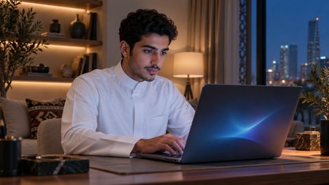 متعلم سعودي يدرس درساً تقنياً تمهيدياً على اللابتوب في البيت