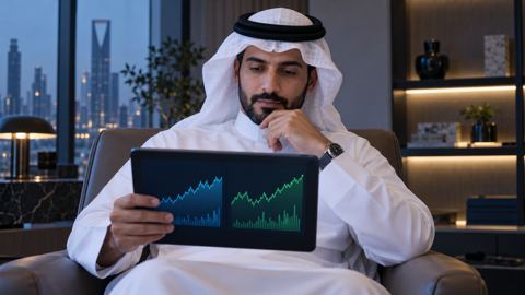 رجل سعودي يقارن رسمين لسهمين على جهاز لوحي مع عائد التوزيعات