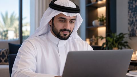 رجل سعودي يراجع بيانات حسابه على اللابتوب في مكتب البيت