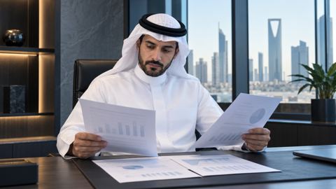 رجل سعودي يراجع عدة مستندات مالية معاً على مكتبه