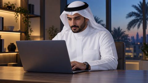 رجل سعودي يبحث عن مشروع تقني رقمي على لابتوبه