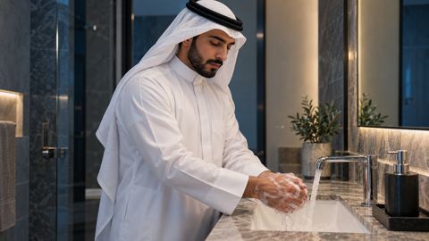 سعودي، رجل، أيدي، حمام