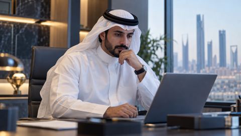 رجل سعودي بلبس عمل غير رسمي يفكر أمام اللابتوب في مكتبه