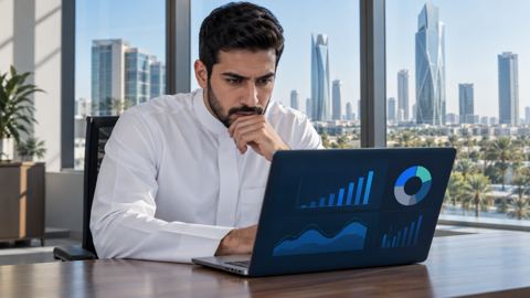 رجل سعودي يتفحص لوحة تحليلات على شاشة اللابتوب في مكتب مضيء