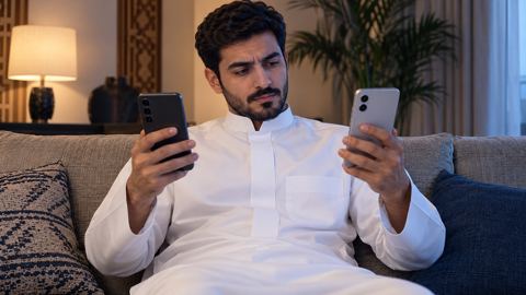 رجل سعودي على الكنب يقارن بين جوالين قبل أن يشتري