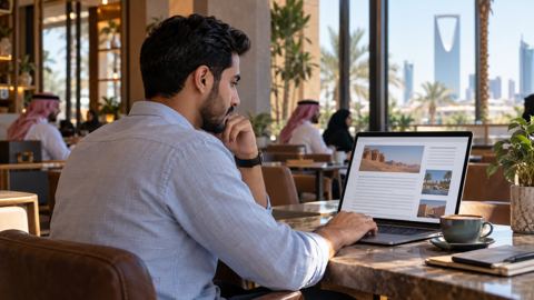 رجل سعودي في مقهى مضيء يقرأ مقالاً طويلاً منظماً على اللابتوب