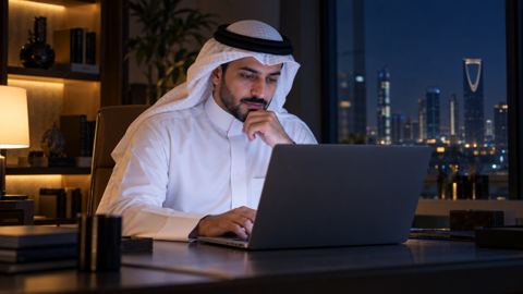 رجل سعودي يحاور مساعداً ذكياً على لابتوبه ليلاً بنظرة متأملة