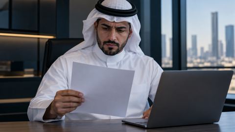 رجل سعودي يتحقق من البيانات الرسمية في فاتورة عمل قبل استخدام اللابتوب