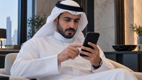 رجل سعودي يتحقق من هوية شركة مالية على جواله قبل أن يحوّل