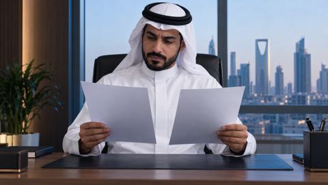 رجل سعودي يقارن مستندي عمل جنباً إلى جنب على مكتب مرتب