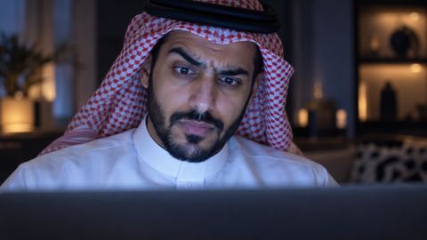 وجه رجل سعودي يضيئه اللابتوب وأمامه عداد مشاهدات كبير وهو يرفع حاجبيه شاكاً