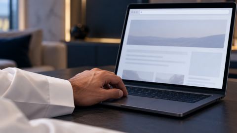 يد رجل سعودي بجانب اللابتوب وهو يتحقق من شريط عنوان المتصفح