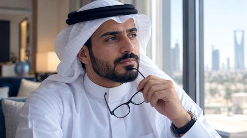 رجل سعودي يمسك نظارته الطبية متأملاً بجانب نافذة مضيئة