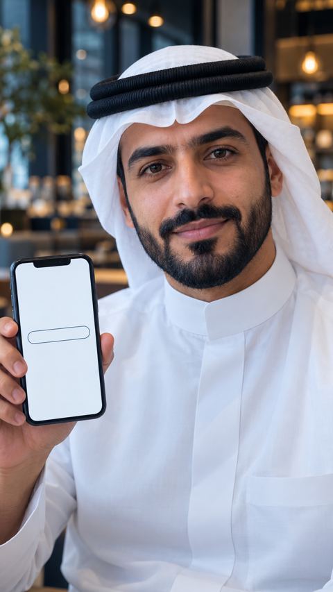 رجل سعودي يمسك جوالاً تظهر فيه خانة البحث في مقهى حديث