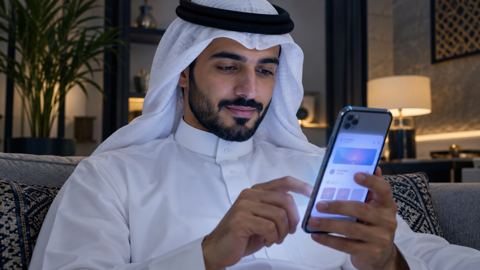 رجل سعودي في البيت يتصفح تطبيق حجز فعاليات على جواله