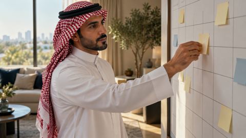 رجل سعودي في بيته ينقل ورقة لاصقة على لوح تخطيط كبير