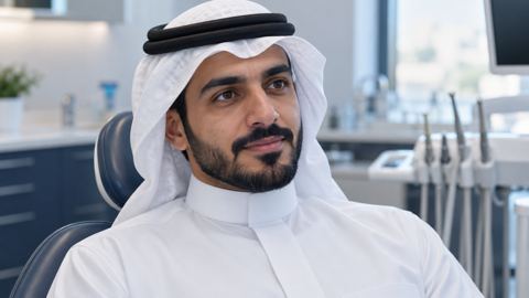 رجل سعودي يستمع باهتمام في استشارة أسنان هادئة بعيادة حديثة