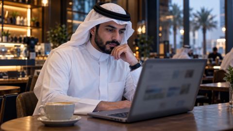رجل سعودي يتصفح صفحة نتائج بحث على اللابتوب في مقهى