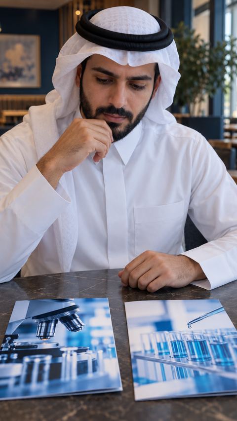 رجل سعودي يقارن بين كتيبي مختبرين طبيين على طاولة مقهى