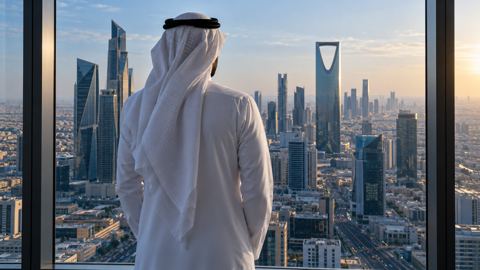رجل سعودي يتأمل الحي المالي في الرياض من نافذة مكتبه