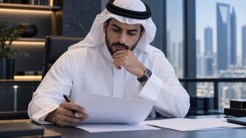 رجل سعودي يتوقف متأملاً أمام مستندات مالية على مكتبه