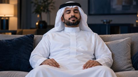 رجل سعودي يرتاح مغمض العينين ويداه مسترخيتان في حجره