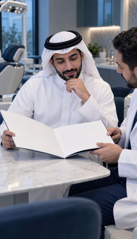 رجل سعودي يراجع ملف العلاج مع طبيب الأسنان على طاولة الاستشارة