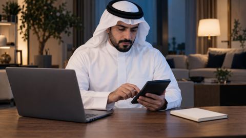 رجل سعودي يراجع الآلة الحاسبة بجانب لابتوبه ودفتر في البيت