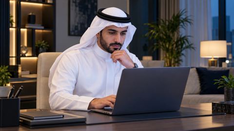 رجل سعودي يراجع ملفاً مهنياً على اللابتوب في مكتب منزلي مرتب