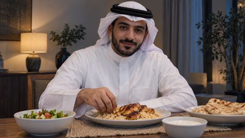 سعودي، رجل، طاولة، وجبة