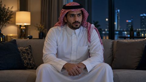 رجل سعودي جالس متوتراً ومتيقظاً في صالة هادئة ليلاً