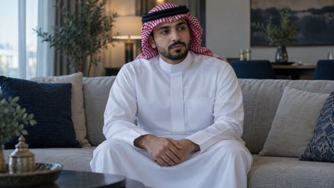 رجل سعودي شارد الذهن على الكنب وضوء النهار يملأ البيت
