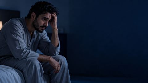 رجل سعودي جالس على طرف سريره ليلاً بنظرة مضطربة