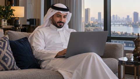 رجل سعودي على الكنب في شقة يتابع شاشة لابتوبه وبجانبه قهوة عربية