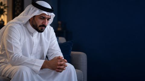 رجل سعودي على طرف الكنب بنظرة حزينة ويدين مشبوكتين في بيت هادئ
